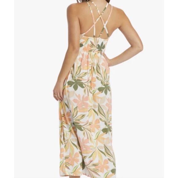 Roxy Bungalow Midi Dress Floral Size SP Hawaiian Smocked Halter Boho Coastal - Picture 2 of 9